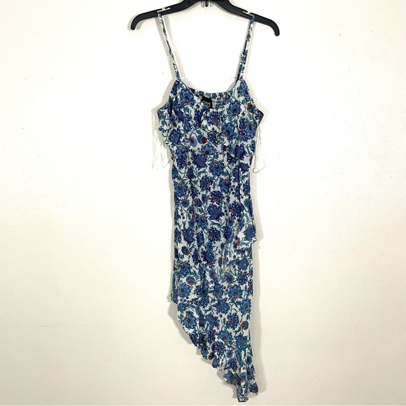 NEW Angie Rosette Trim Bodice Asymmetrical Hem Floral Dress Blue Multi Size L - Picture 2 of 7